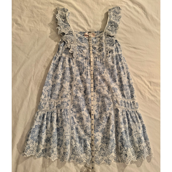 Rachel Ashwell Blue Toile Eyelet Cotton Nightgown Small Sleeveless Ruffle Trim - Picture 6 of 8